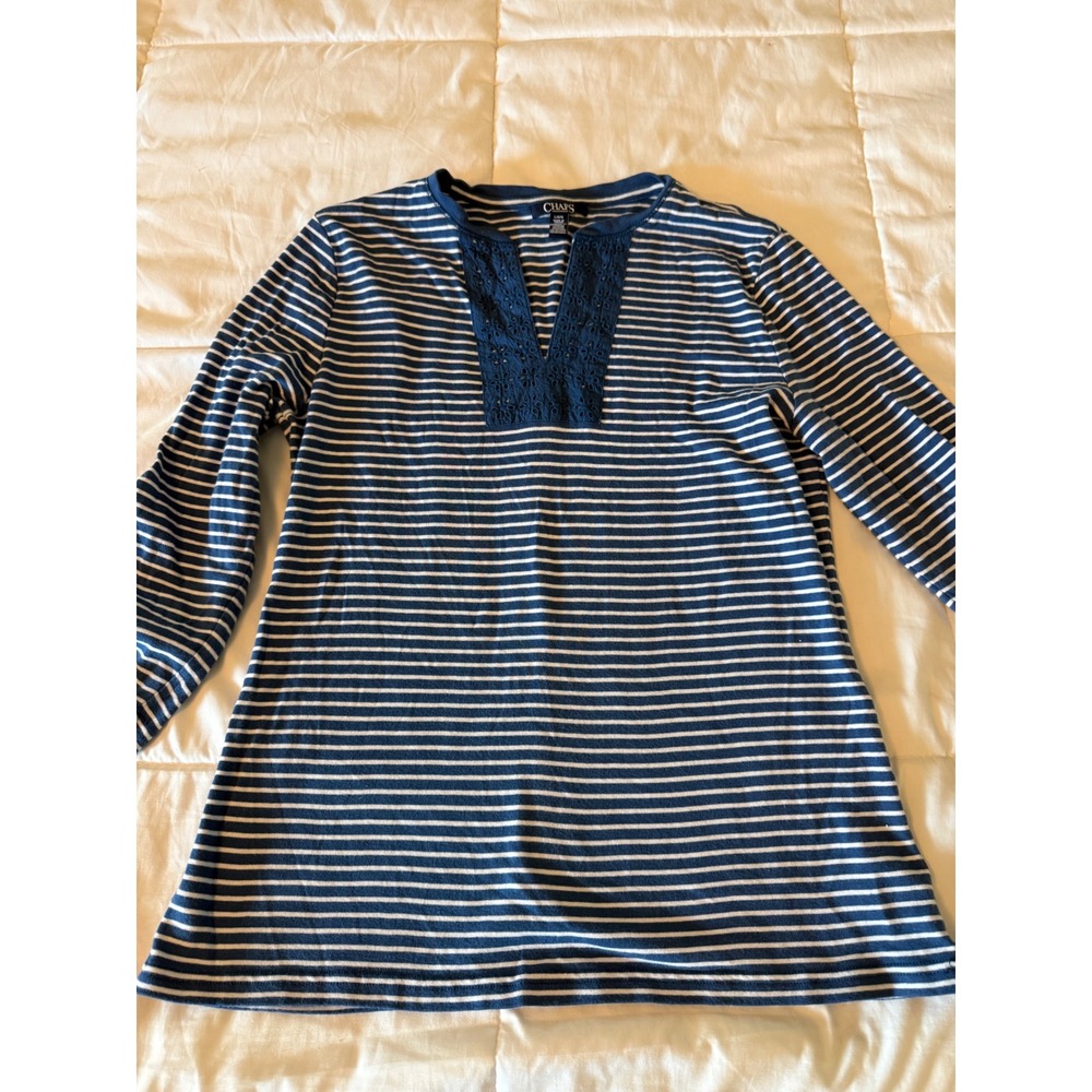 Chaps Blue White Striped Long Sleeve Eyelet Split Neck Top Large